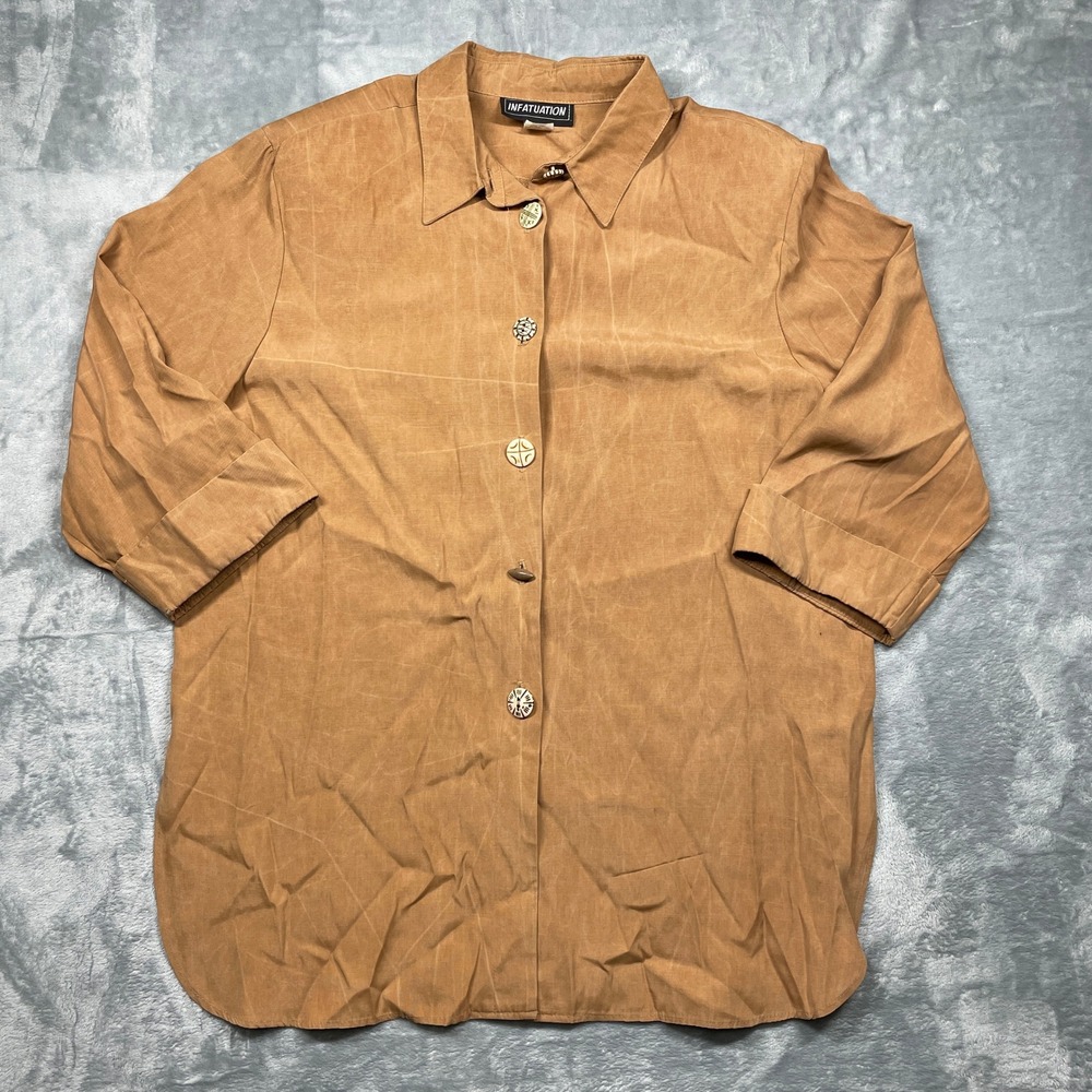 Vintage‎ Infatuation Womens Tan Button Up 3/4 Sleeve Shirt Shoulder Pads Size 16